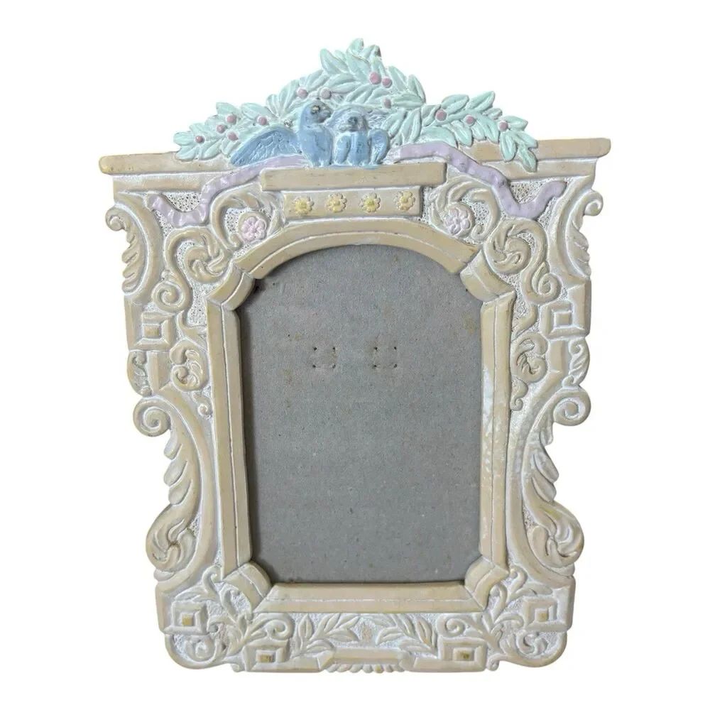 Vintage Love Birds Resin Picture Frame Pastel Rococo Floral Bow 3x4 Tabletop